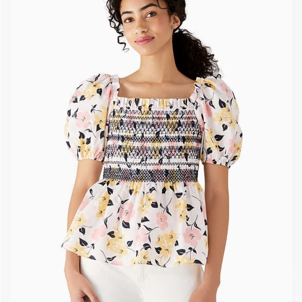 NWT KATE SPADE Lilly Blooms Floral Smocked Puff Sleeve Top | size XS